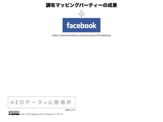 調布マッピングパーティーの成果 
https://www.facebook.com/groups/chofuaedmap 
A E D データの公開場所 
Data © Chofu Mapping Party Contributors, CC BY 4.0 
古橋案 ver0.9 
 