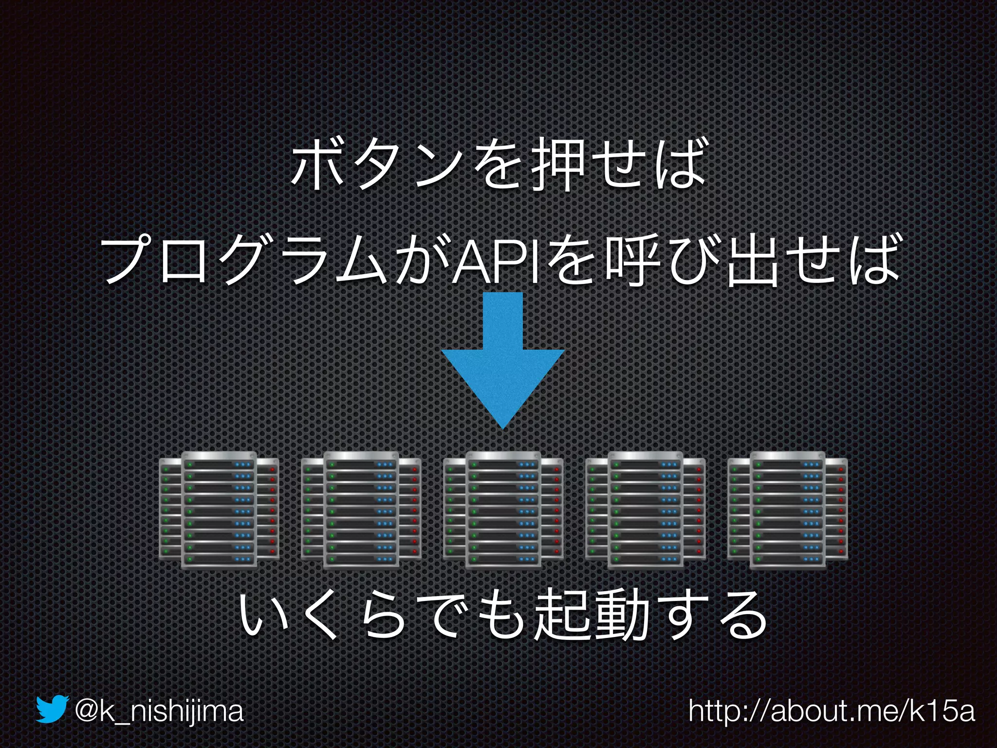 ボタンを押せば 
プログラムがAPIを呼び出せば 
いくらでも起動する 
@k_nishijima http://about.me/k15a 
 