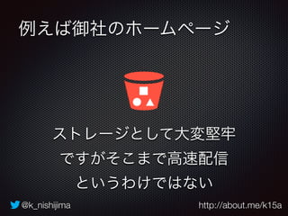 例えば御社のホームページ 
ストレージとして大変堅牢 
ですがそこまで高速配信 
というわけではない 
@k_nishijima http://about.me/k15a 
 