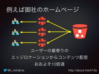 例えば御社のホームページ 
ユーザーの最寄りの 
エッジロケーションからコンテンツ配信 
おおよそ10倍速 
@k_nishijima http://about.me/k15a 
 