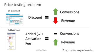 #WebClinic 
Price testing problem 
1st Experiment 
2nd Experiment 
Conversions 
Revenue 
Conversions 
Revenue 
Discount 
Added $20 Activation Fee  