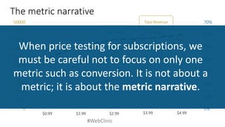 #WebClinic 
The metric narrative 
0% 
10% 
20% 
30% 
40% 
50% 
60% 
70% 
0 
5000 
10000 
15000 
20000 
25000 
30000 
35000 
40000 
45000 
50000 
1 
2 
3 
4 
5 
Cancellation 
Total Revenue 
$0.99 
$1.99 
$2.99 
$3.99 
$4.99 
When price testing for subscriptions, we must be careful not to focus on only one metric such as conversion. It is not about a metric; it is about the metric narrative.  