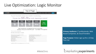#WebClinic 
Live Optimization: Logic Monitor 
Primary Audience: IT professionals, Web Based Companies, & Cloud Providers 
Page Purpose: Visitor sign-up for a 14 day free trial 
Top of Page  