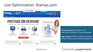#WebClinic 
Live Optimization: Stamps.com 
Homepage 
Primary Audience: Companies and individuals looking for on demand postage 
Page Purpose: Visitors to begin the account creation process and purchase membership  