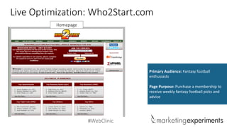 #WebClinic 
Live Optimization: Who2Start.com 
Primary Audience: Fantasy football enthusiasts 
Page Purpose: Purchase a membership to receive weekly fantasy football picks and advice 
Homepage  