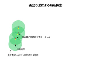 山登り法による局所探索 
仮の最尤系統樹を更新していく 
初期樹形 
樹形改変によって探索される範囲 
 