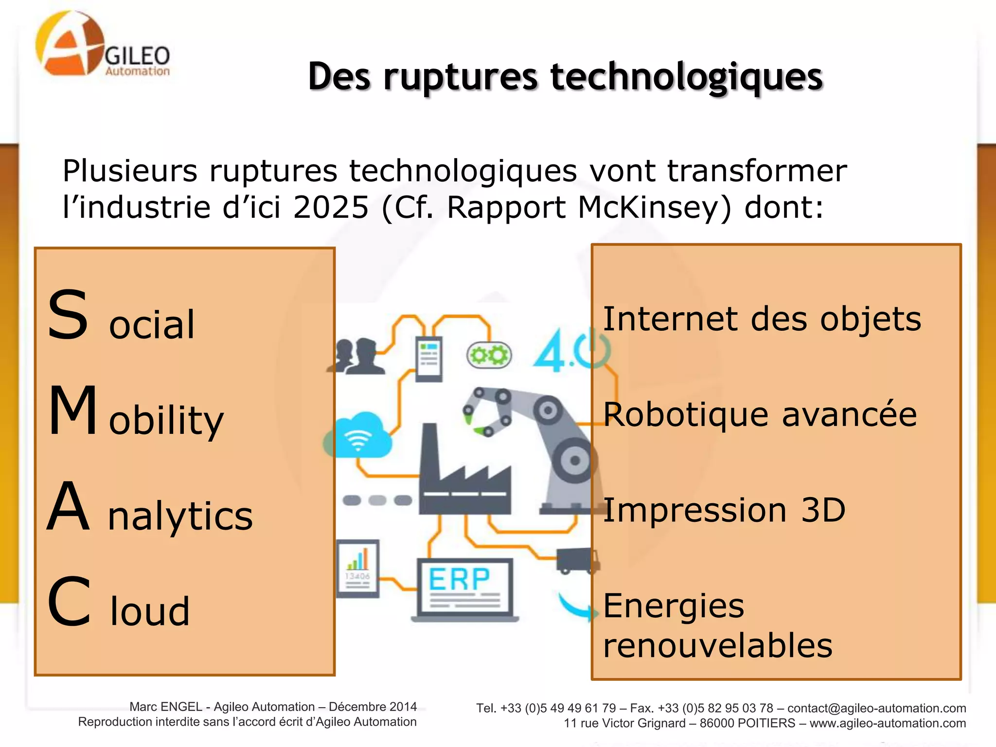 Tel. +33 (0)5 49 49 61 79 – Fax. +33 (0)5 82 95 03 78 – contact@agileo-automation.com
11 rue Victor Grignard – 86000 POITIERS – www.agileo-automation.com
Marc ENGEL - Agileo Automation – Juin 2015
Reproduction interdite sans l’accord écrit d’Agileo Automation
S ocial
Mobility
A nalytics
C loud
Des ruptures technologiques
Internet des objets
Robotique avancée
Impression 3D
Energies
renouvelables
Plusieurs ruptures technologiques vont transformer
l’industrie d’ici 2025 (Cf. Rapport McKinsey) dont:
 