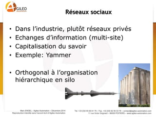 Tel. +33 (0)5 49 49 61 79 – Fax. +33 (0)5 82 95 03 78 – contact@agileo-automation.com
11 rue Victor Grignard – 86000 POITIERS – www.agileo-automation.com
Marc ENGEL - Agileo Automation – Juin 2015
Reproduction interdite sans l’accord écrit d’Agileo Automation
• Dans l’industrie, plutôt réseaux privés
• Echanges d’information (multi-site)
• Capitalisation du savoir
• Exemple: Yammer
• Orthogonal à l’organisation
hiérarchique en silo
Réseaux sociaux
 