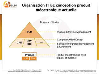 Tel. +33 (0)5 49 49 61 79 – Fax. +33 (0)5 82 95 03 78 – contact@agileo-automation.com
11 rue Victor Grignard – 86000 POITIERS – www.agileo-automation.com
Marc ENGEL - Agileo Automation – Juin 2015
Reproduction interdite sans l’accord écrit d’Agileo Automation
Organisation IT BE conception produit
mécatronique actuelle
PLM
CAD
Product Lifecycle Management
Computer Aided Design
SW
IDE
…
Software Integrated Development
Environment
Produit
HW SW
Produit mécatronique avec
logiciel et matériel
Bureaux d’études
 