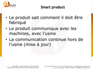 Tel. +33 (0)5 49 49 61 79 – Fax. +33 (0)5 82 95 03 78 – contact@agileo-automation.com
11 rue Victor Grignard – 86000 POITIERS – www.agileo-automation.com
Marc ENGEL - Agileo Automation – Juin 2015
Reproduction interdite sans l’accord écrit d’Agileo Automation
Nouvelle organisation usine
Smart product: de la conception à l’utilisation
 