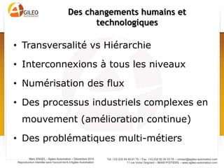 Tel. +33 (0)5 49 49 61 79 – Fax. +33 (0)5 82 95 03 78 – contact@agileo-automation.com
11 rue Victor Grignard – 86000 POITIERS – www.agileo-automation.com
Marc ENGEL - Agileo Automation – Juin 2015
Reproduction interdite sans l’accord écrit d’Agileo Automation
• Ouverture des réseaux accentue les
problèmes
• Risques:
– Prise de contrôle d’installation
– Vandalisme, Terrorisme, Cyberguerre
– Piratage de PI (produit ou process)
• Entreprises et états encore peu armés contre
cette menace
• Défi majeur
• Une offre est en train de se construire
Sécurité
 