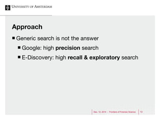 Dec. 12, 2014 - Frontiers of Forensic Science 13 
Approach 
¢ Generic search is not the answer 
¢ Google: high precision...