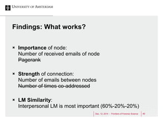 Dec. 12, 2014 - Frontiers of Forensic Science 40 
Findings: What works? 
Ò Importance of node: 
Number of received emails...