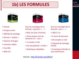 • Gratuit
• Designs variés
• 500 Mo de stockage
• Version « mobile »
• Galeries d’images
• Insertion vidéos
• Flux RSS
• Web 2.0
Tous les avantages de la
formule « gratuite » … + :
• 60 € /an (soit 5 €/mois)
• Votre propre nom de
domaine en « .com »
• 1 compte e-mail
• Pas de publicité « Jimdo »
• Statistiques détaillées
Tous les avantages de la
formule « pro »… + :
• 180 € / an
• 2 noms de domaine
• 20 comptes e-mail
• Capacité de stockage
illimité
• E-boutique illimitée et
sans commission
1b) LES FORMULES
Sources : http://fr.jimdo.com/offres/
 