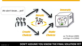 © SAP 2014 | 9 DON’T ASSUME YOU KNOW THE FINAL SOLUTION YET
Create
Choices
Make
Choices
We don‘t know… yet!
Iterate
cp. Ti...