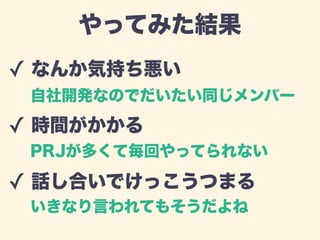 やってみた結果 
✓ なんか気持ち悪い 
自社開発なのでだいたい同じメンバー 
PRJが多くて毎回やってられない 
いきなり言われてもそうだよね 
! 
✓ 時間がかかる 
! 
✓ 話し合いでけっこうつまる 
 