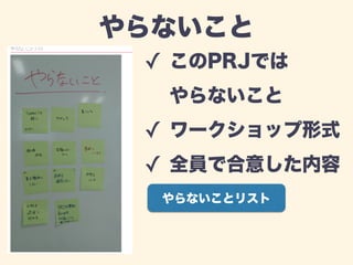 やらないこと 
✓ このPRJでは 
やらないこと 
✓ ワークショップ形式 
✓ 全員で合意した内容 
やらないことリスト 
 