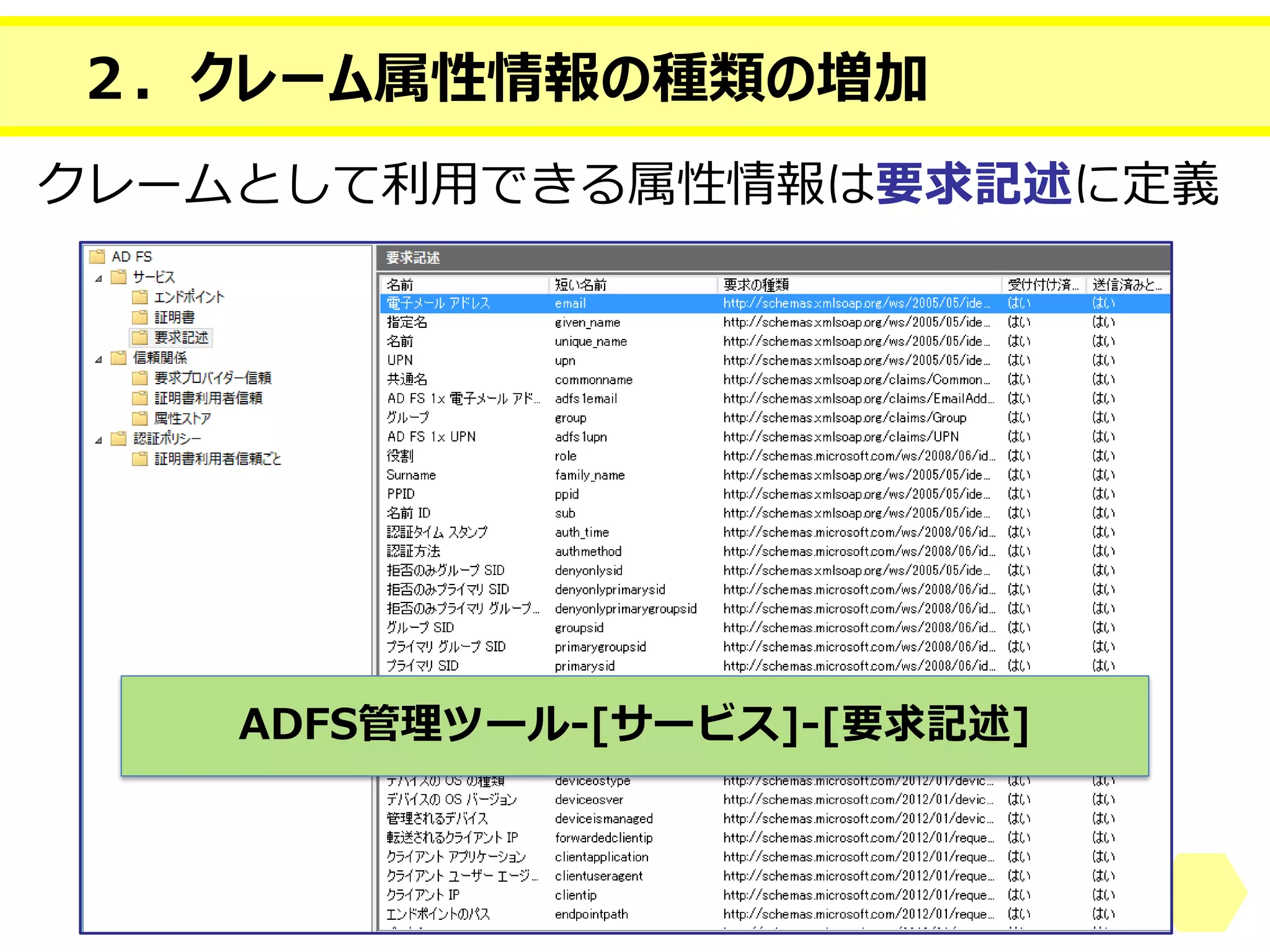 ２．クレーム属性情報の種類の増加 
クレームとして利用できる属性情報は要求記述に定義 
ADFS管理ツール-[サービス]-[要求記述]  