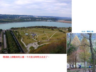 環湖路上俯瞰南苑公園，今天是沒時間去走走了。
15:25，欒樹公園。
 