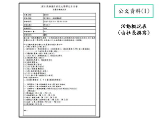 公文資料(1)
活動概況表
(由社長撰寫)
 