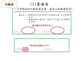 (1)籌備會
三、下方執秘和記錄的簽名處，要本人的親筆簽名!
不要在簽名欄位打字!!
簽名欄位要保持空白!!
活動前
 