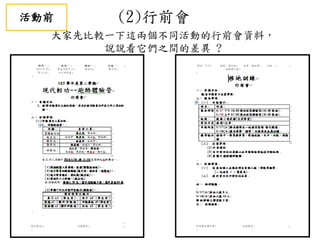 (2)行前會
大家先比較一下這兩個不同活動的行前會資料，
說說看它們之間的差異 ?
活動前
 