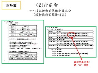 (2)行前會
一、確認活動的準備是否完全
(活動流程的最後確認)
錯別字要注意!
建〝工〞校區
活動前
 