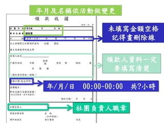 年/月/日 00:00~00:00 共?小時
社團負責人職章
年月及名稱依活動做變更
未填寫金額空格
記得畫刪除線
領款人資料一定
要填寫清楚
 