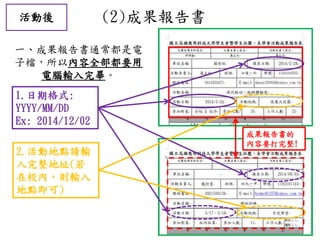 (2)成果報告書
成果報告書的
內容要打完整!
一、成果報告書通常都是電
子檔，所以內容全部都要用
電腦輸入完畢。
1.日期格式:
YYYY/MM/DD
Ex: 2014/12/02
2.活動地點請輸
入完整地址(若
在校內，則輸入
地點即可)
活動後
 