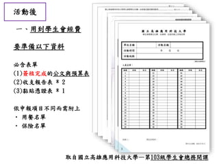 活動後
一、用到學生會經費
要準備以下資料
必含表單
(1)簽核完成的公文與預算表
(2)收支報告表 * 2
(3)黏貼憑證表 * 1
依申報項目不同而需附上
• 用餐名單
• 保險名單
取自國立高雄應用科技大學—第103級學生會總務開課
 