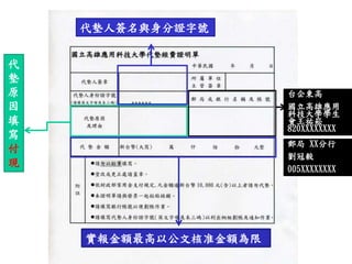 代
墊
原
因
填
寫
付
現
代墊人簽名與身分證字號
實報金額最高以公文核准金額為限
台企東高
國立高雄應用
科技大學學生
會王祐崧
820XXXXXXXX
郵局 XX分行
劉冠毅
005XXXXXXXX
 