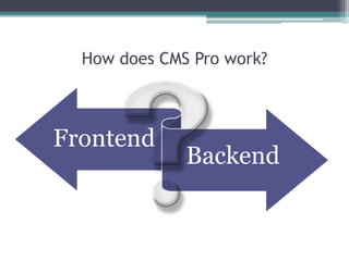 How does CMS Pro work? 
Frontend 
Backend 
 