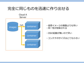 完全に同じものを迅速に作り出せる 
images 
container 
run 
Cloud A 
Server 
・仮想イメージの複製よりも早い 
・同一性が担保される 
・OSの起動が無いので早い 
・コンテナのサイズはとても小さい 
container 
container  
