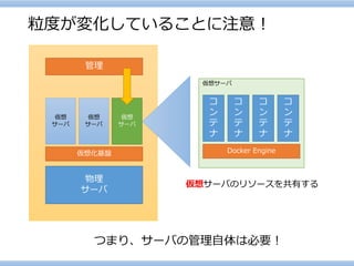 粒度が変化していることに注意！ 
物理 
サーバ 
仮想化基盤 
管理 
仮想 
サーバ 
仮想 
サーバ 
仮想 
サーバ 
仮想サーバ 
DockerEngine 
コ ン テ ナ 
コ ン テ ナ 
コ ン テ ナ 
コ ン テ ナ 
仮想サーバのリソースを共有する 
つまり、サーバの管理自体は必要！  