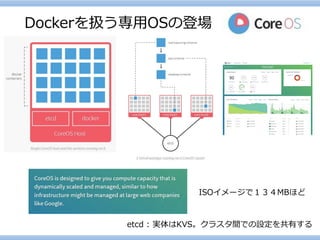 Dockerを扱う専用OSの登場 
etcd : 実体はKVS。クラスタ間での設定を共有する 
ISOイメージで１３４MBほど  