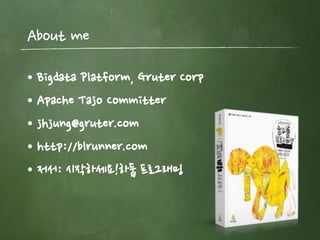 About me 
• Bigdata Platform, Gruter Corp 
• Apache Tajo Committer 
• jhjung@gruter.com 
• http://blrunner.com 
• 저서: 시작하세요!하둡 프로그래밍 
 