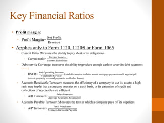 Key Financial Ratios
• Profit margin:
• Profit Margin=
Net Profit
Revenue
• Applies only to Form 1120, 1120S or Form 1065
• Current Ratio: Measures the ability to pay short-term obligations
• Current ratio=
Current Assets
Current Liabilities
• Debt service Coverage: measures the ability to produce enough cash to cover its debt payments
(>=1)
• DSCR=
Net Operating Income
Total Debt Service
(total debt service includes annual mortgage payments such as principal,
interest, property taxes and payments to all other loans)
• Accounts Receivable Turnover: measures the efficiency of a company to use its assets; a high
ratio may imply that a company operates on a cash basis, or its extension of credit and
collections of receivables are efficient
• A/R Turnover=
Sales Revenue
Average Accounts Receivable
• Accounts Payable Turnover: Measures the rate at which a company pays off its suppliers
• A/P Turnover=
Total Purchases
Average Accounts Payable
 