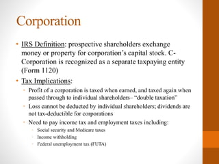 Corporation
• IRS Definition: prospective shareholders exchange
money or property for corporation’s capital stock. C-
Corporation is recognized as a separate taxpaying entity
(Form 1120)
• Tax Implications:
• Profit of a corporation is taxed when earned, and taxed again when
passed through to individual shareholders– “double taxation”
• Loss cannot be deducted by individual shareholders; dividends are
not tax-deductible for corporations
• Need to pay income tax and employment taxes including:
• Social security and Medicare taxes
• Income withholding
• Federal unemployment tax (FUTA)
 