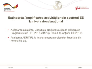Page 7
Extinderea /amplificarea activităţilor din sectorul EE
la nivel raional/național
XXX21/01/2015
• Acordarea asistenţei Consiliului Raional Soroca la elaborarea
Programului de EE (2015-2017) şi Planul de Acţiuni EE 2015;
• Asisitenta ADR/APL la implementarea proiectelor finanțate din
Fondul de EE.
 