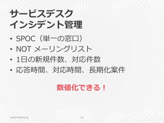 サービスデスク
インシデント管理理
•  SPOC（単⼀一の窓⼝口）
•  NOT  メーリングリスト
•  1⽇日の新規件数、対応件数
•  応答時間、対応時間、⻑⾧長期化案件
classmethod.jp 14
数値化できる！
 