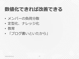 数値化できれば改善できる
•  メンバーの負荷分散
•  定型化、ナレッジ化
•  教育
•  「ブログ書いといたから」
classmethod.jp 15
 