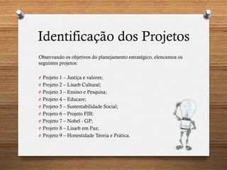 Identificação dos Projetos
Observando os objetivos do planejamento estratégico, elencamos os
seguintes projetos:
O  Projeto 1 – Justiça e valores;
O  Projeto 2 – Lisarb Cultural;
O  Projeto 3 – Ensino e Pesquisa;
O  Projeto 4 – Educare;
O  Projeto 5 – Sustentabilidade Social;
O  Projeto 6 – Projeto FIB;
O  Projeto 7 – Nobel - GP;
O  Projeto 8 – Lisarb em Paz;
O  Projeto 9 – Honestidade Teoria e Prática.
 