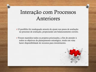 Interação com Processos
Anteriores
O  O portfólio foi readequado através do ajuste nos pesos de avaliação
no processo de avaliação, propiciando um balanceamento correto.
O  Foram mantidos todos os projetos priorizados, a fim de atender à
todos os objetivos do planejamento estratégico, tendo em vista
haver disponibilidade de recursos para investimento.
 