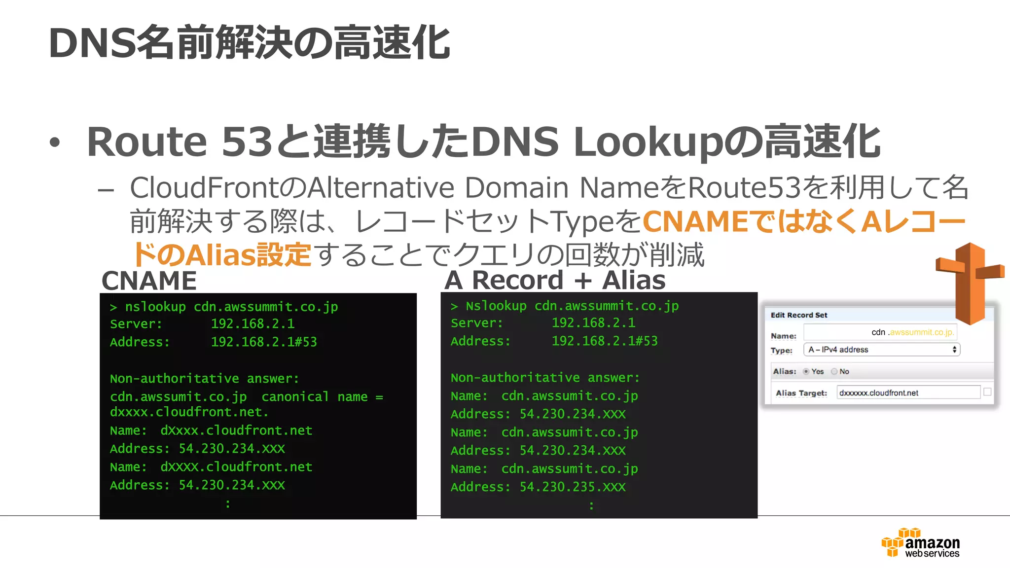DNS名前解決の⾼高速化
•  Route  53と連携したDNS  Lookupの⾼高速化
–  CloudFrontのAlternative  Domain  NameをRoute53を利利⽤用して名
前解決する際は、レコードセットTypeをCNAMEではなくAレコー
ドのAlias設定することでクエリの回数が削減
> nslookup cdn.awssummit.co.jp
Server: 192.168.2.1
Address: 192.168.2.1#53
Non-authoritative answer:
cdn.awssumit.co.jp canonical name =
dxxxx.cloudfront.net.
Name: dXxxx.cloudfront.net
Address: 54.230.234.XXX
Name: dXXXX.cloudfront.net
Address: 54.230.234.XXX
:
CNAME A  Record  +  Alias
cdn .awssummit.co.jp.
> Nslookup cdn.awssummit.co.jp
Server: 192.168.2.1
Address: 192.168.2.1#53
Non-authoritative answer:
Name: cdn.awssumit.co.jp
Address: 54.230.234.XXX
Name: cdn.awssumit.co.jp
Address: 54.230.234.XXX
Name: cdn.awssumit.co.jp
Address: 54.230.235.XXX
:
 
