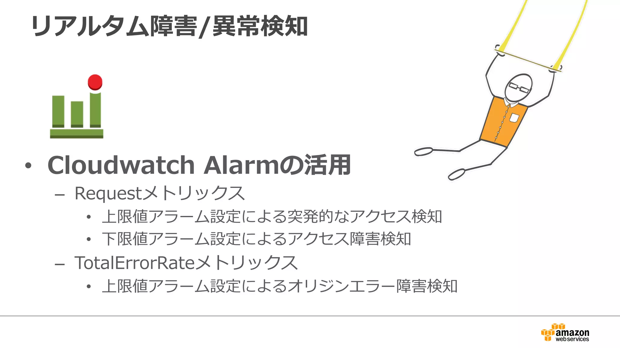 リアルタム障害/異異常検知
•  Cloudwatch  Alarmの活⽤用
–  Requestメトリックス
•  上限値アラーム設定による突発的なアクセス検知
•  下限値アラーム設定によるアクセス障害検知
–  TotalErrorRateメトリックス
•  上限値アラーム設定によるオリジンエラー障害検知
 