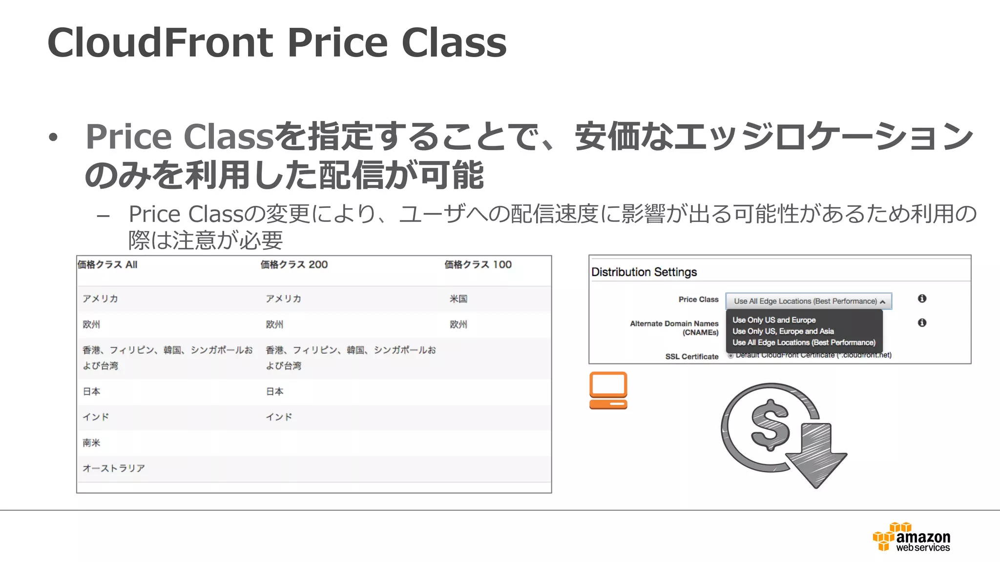 CloudFront  Price  Class
•  Price  Classを指定することで、安価なエッジロケーション
のみを利利⽤用した配信が可能
–  Price  Classの変更更により、ユーザへの配信速度度に影響が出る可能性があるため利利⽤用の
際は注意が必要
 