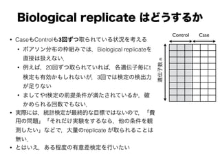 Biological replicate はどうするか
• CaseもControlも3回ずつ取られている状況を考える
• ポアソン分布の枠組みでは，Biological replicateを
直接は扱えない．
• 例えば，20回ずつ取られてい...