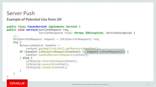 Copyright © 2015, Oracle and/or its affiliates. All rights reserved. |
Server Push
public class ExternalContextImpl extends ExternalContext {
//…
public String encodeResourceURL(String url) {
if (null == url) {
String message = MessageUtils.getExceptionMessageString
(MessageUtils.NULL_PARAMETERS_ERROR_MESSAGE_ID, "url");
throw new NullPointerException(message);
}
Map attrs = getResourceAttrs();
((HttpServletRequest) request).dispatchPushRequest(url, attrs);
return ((HttpServletResponse) response).encodeURL(url);
}
//…
}
Example of Potential Use from JSF
20
 