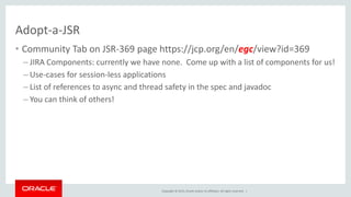 Copyright © 2015, Oracle and/or its affiliates. All rights reserved. |
Safe Harbor Statement
The preceding is intended to outline our general product direction. It is intended for
information purposes only, and may not be incorporated into any contract. It is not a
commitment to deliver any material, code, or functionality, and should not be relied upon
in making purchasing decisions. The development, release, and timing of any features or
functionality described for Oracle’s products remains at the sole discretion of Oracle.
 