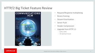 Copyright © 2015, Oracle and/or its affiliates. All rights reserved. |
HTTP/2 Server Push
• Eliminates the need for resource inlining.
• Lets the server populate the browser’s cache in advance of the browser
asking for the resource to put in the cache.
• No corresponding JavaScript API, but can be combined with SSE
– Server pushes stuff into the browser’s cache.
– Server uses SSE to tell the browser to go fetch it (but we know it’s already in the
browser’s cache).
9
E
 
